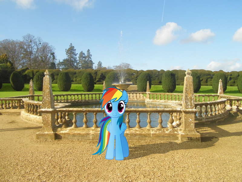 Size: 2048x1536 | Tagged: artist:harpycross, derpibooru import, fountain, irl, photo, ponies in real life, pose, rainbow dash, safe, smiling, solo