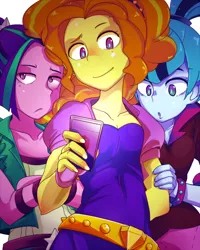 Size: 700x875 | Tagged: safe, artist:tsukusun, derpibooru import, adagio dazzle, aria blaze, sonata dusk, equestria girls, :o, mobile phone, phone, pixiv, the dazzlings