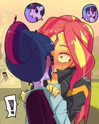 Size: 700x875 | Tagged: suggestive, artist:tsukusun, derpibooru import, sci-twi, sunset shimmer, twilight sparkle, equestria girls, friendship games, blushing, caught, drool, exclamation point, female, kissing, lesbian, love triangle, pixiv, scitwishimmer, shipping, sloppy kissing, sunset twiangle, sunsetsparkle, sweat, twolight