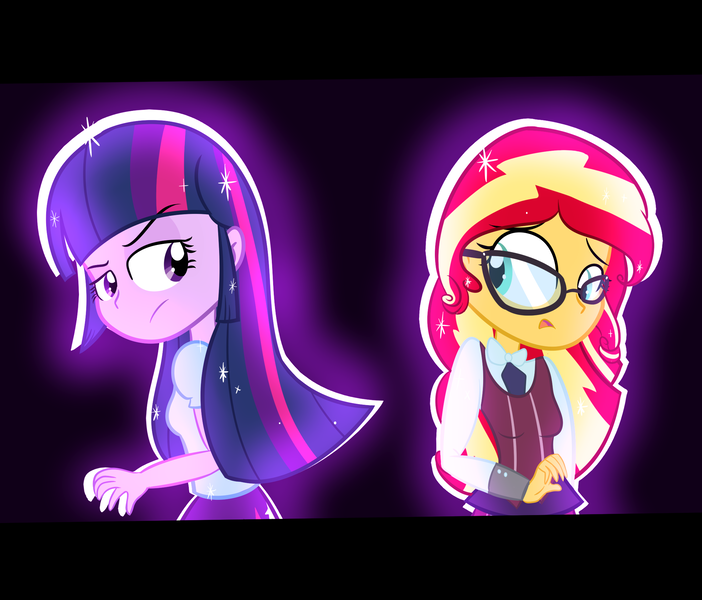 Size: 2223x1899 | Tagged: safe, artist:artypaints, derpibooru import, sunset shimmer, twilight sparkle, equestria girls, friendship games, alternate universe, clothes, crystal prep academy uniform, glasses, role reversal, school uniform