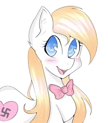 Size: 3300x3750 | Tagged: safe, artist:kyuniko, derpibooru import, edit, oc, oc:aryanne, unofficial characters only, pony, blonde, blushing, bow, bowtie, cute, ear fluff, female, flag, heart, nazi, solo, swastika