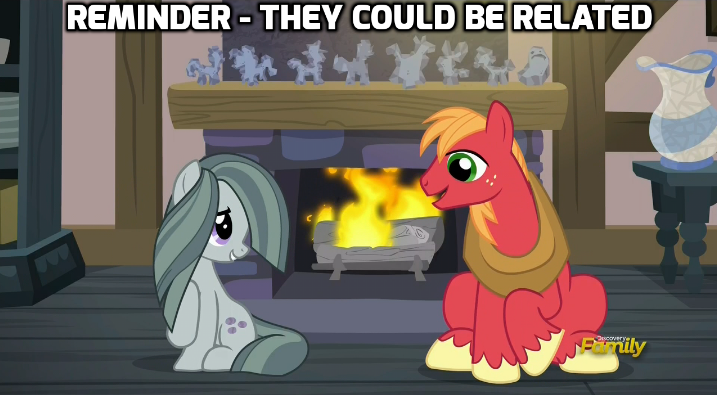 Size: 717x395 | Tagged: safe, derpibooru import, edit, edited screencap, screencap, big macintosh, marble pie, earth pony, pony, hearthbreakers, discovery family, discovery family logo, duo, female, fireplace, image macro, incestuish, male, marblemac, mare, meme, pie family home, rock doll, shipping, shipping fuel, stallion, straight, weird rock, who cares