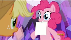Size: 1280x720 | Tagged: applejack, derpibooru import, edit, edited screencap, exploitable, frown, grin, hearthbreakers, mouth hold, open mouth, pinkie pie, safe, screencap, smiling, template, the pie's paper meme, wide eyes