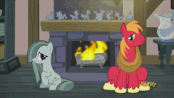 Size: 500x281 | Tagged: safe, derpibooru import, screencap, big macintosh, marble pie, pinkie pie, earth pony, pony, hearthbreakers, animated, blushing, c:, discovery family, discovery family logo, eye contact, fireplace, floppy ears, frown, hair over one eye, hug, male, pie family home, pie twins, raised hoof, rock doll, shipper on deck, shipping fuel, sisters, smiling, stallion, talking, twins, weird rock, wide eyes