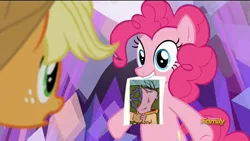 Size: 1280x720 | Tagged: safe, derpibooru import, edit, edited screencap, screencap, applejack, pinkie pie, earth pony, pony, hearthbreakers, burger, discovery family logo, ed edd n eddy, eddy, female, food, gears, hooves, kanker burger, mare, mouth hold, nagged to ed, open mouth, teeth, the pie's paper meme