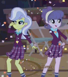 Size: 631x715 | Tagged: safe, derpibooru import, screencap, carlos thunderbolt, microchips, suri polomare, upper crust, equestria girls, friendship games, animated, clothes, crystal prep academy uniform, duo, duo female, ear piercing, earring, female, jewelry, offscreen character, piercing, plaid skirt, pleated skirt, school uniform, skirt