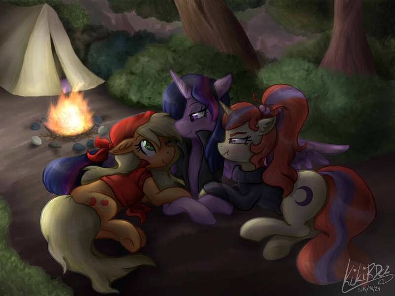 Size: 2400x1800 | Tagged: safe, artist:kikirdcz, derpibooru import, applejack, moondancer, twilight sparkle, twilight sparkle (alicorn), alicorn, pony, backwards cutie mark, campfire, camping, clothes, commission, female, fire, forest, lesbian, looking at each other, mare, one eye closed, scrunchy face, shipping, signature, sweater, tent, trio, twijack