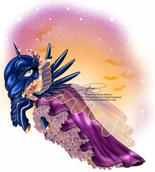 Size: 1288x1432 | Tagged: artist:tiffanymarsou, clothes, derpibooru import, dress, flying, princess luna, safe, solo, wink