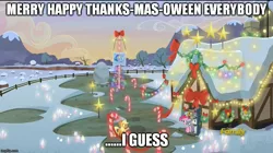 Size: 888x499 | Tagged: safe, derpibooru import, edit, edited screencap, screencap, apple bloom, applejack, big macintosh, cloudy quartz, granny smith, igneous rock pie, limestone pie, maud pie, pinkie pie, earth pony, pony, hearthbreakers, christmas lights, female, image macro, male, mare, meme, pie family, pie family home, pie sisters, quartzrock, siblings, sisters, stallion