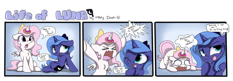 Size: 3507x1226 | Tagged: safe, artist:mistydash, derpibooru import, princess celestia, princess luna, alicorn, pony, comic:life of luna, :o, angry, blushing, cewestia, chest fluff, comic, crying, cute, cutelestia, donut, donutlestia, face down ass up, female, filly, floppy ears, fluffy, fourth wall, horn, horn impalement, open mouth, pink-mane celestia, sad, sillestia, silly, smiling, trolluna, wink, woona, yelling