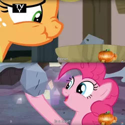 Size: 1920x1920 | Tagged: applejack, derpibooru import, frown, hearthbreakers, hoof hold, meme, nose wrinkle, open mouth, pinkie pie, rock soup, safe, screencap, scrunchy face, smiling, youtube caption