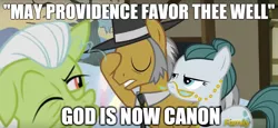 Size: 1060x486 | Tagged: safe, derpibooru import, edit, edited screencap, screencap, cloudy quartz, granny smith, igneous rock pie, earth pony, pony, hearthbreakers, cropped, eyes closed, female, glasses, god, hat, image macro, male, mare, meme, providence, religion, stallion