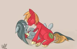 Size: 2393x1516 | Tagged: artist needed, source needed, safe, derpibooru import, big macintosh, marble pie, earth pony, pony, hearthbreakers, blushing, boop, cute, eyes closed, floppy ears, grin, happy, hug, macabetes, male, marblebetes, marblemac, nose wrinkle, noseboop, nuzzling, on back, shipping, simple background, sitting, smiling, stallion, straight, that was fast, underhoof