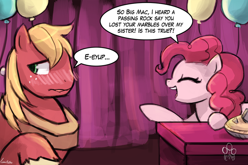 Size: 1125x750 | Tagged: safe, artist:lumineko, derpibooru import, big macintosh, pinkie pie, earth pony, pony, hearthbreakers, 30 minute art challenge, balloon, blushing, dialogue, eyes closed, looking back, male, marblemac, open mouth, pie, pun, raised hoof, shipping, signature, speech bubble, stallion, straight, table, talk show, talking