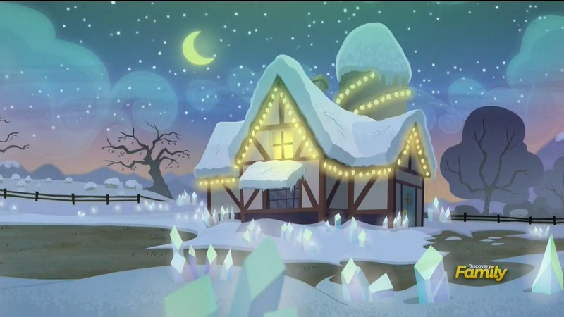 Size: 1920x1080 | Tagged: christmas lights, crescent moon, crystal, derpibooru import, discovery family logo, hearthbreakers, moon, night, pie family home, rock farm, safe, screencap, snow, transparent moon