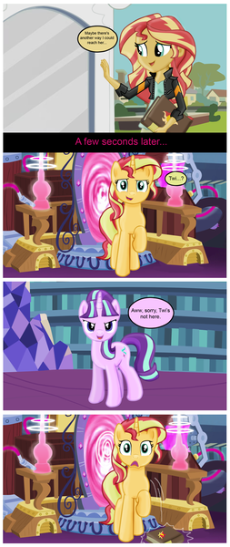 Size: 1415x3352 | Tagged: safe, artist:majkashinoda626, derpibooru import, starlight glimmer, sunset shimmer, pony, unicorn, equestria girls, friendship games, the cutie re-mark, spoiler:s05, alternate scenario, bad end, comic, hilarious in hindsight, journey book, magic mirror, mirror, portal, portal machine, s5 starlight, this will end in communism, uh oh