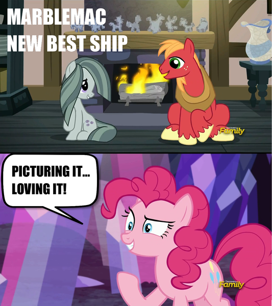 Size: 1279x1440 | Tagged: safe, derpibooru import, screencap, big macintosh, marble pie, pinkie pie, earth pony, pony, hearthbreakers, cute, image macro, male, marblebetes, marblemac, meme, pie twins, shipping, shipping fuel, sisters, stallion, straight, twins