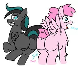 Size: 1049x898 | Tagged: suggestive, artist:jargon scott, derpibooru import, oc, oc:plonepone, unofficial characters only, pegasus, pony, aaaaaaaaaa, butt bump, butt fluff, butt to butt, butt touch, cheek fluff, female, fluffy, grin, leg fluff, looking at you, looking back, mare, non-consensual butt fondling, open mouth, plot, raised hoof, raised leg, raised tail, screaming, shoulder fluff, simple background, smiling, smirk, surprised, tail, white background, wide eyes