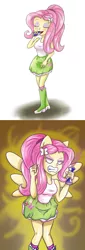 Size: 1676x4950 | Tagged: suggestive, artist:sumin6301, derpibooru import, fluttershy, equestria girls, angry, boots, breasts, caffeine, clothes, drinking, energy drink, eyes closed, female, flutterrage, open mouth, ponied up, rage, red bull, red bull gives you wings, skirt, solo, solo female, tanktop, transformation