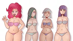 Size: 3200x1800 | Tagged: arm behind back, artist:scobionicle99, belly button, big breasts, blue underwear, bra, breasts, busty limestone pie, busty marble pie, busty maud pie, busty pie sisters, busty pinkie pie, chubby, clothes, crossed arms, curvy, derpibooru import, female, females only, gray underwear, hair over one eye, huge breasts, huge hips, human, humanized, limestone pie, looking at you, marble pie, maud pie, open mouth, panties, pie sisters, pinkie pie, pinkie thighs, pink underwear, plump, simple background, sisters, suggestive, thunder thghs, thunder thighs, underwear, white background, white underwear, wide hips