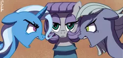 Size: 700x330 | Tagged: safe, artist:foudubulbe, derpibooru import, limestone pie, maud pie, trixie, pony, unicorn, comic:damp rocks, angry, eye contact, female, floppy ears, frown, glare, mare, nose wrinkle, open mouth, yelling