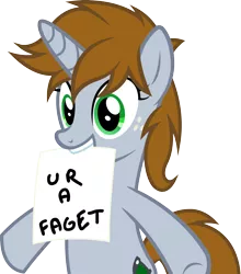 Size: 2614x2964 | Tagged: safe, artist:outlawedtofu, derpibooru import, oc, oc:littlepip, unofficial characters only, pony, unicorn, fallout equestria, fanfic, fanfic art, female, freckles, hooves, horn, mare, mouth hold, simple background, solo, teeth, text, transparent background, ur a faget, vector, vulgar