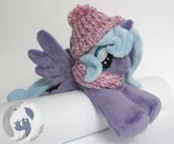 Size: 2025x1680 | Tagged: artist:malwinahalfmoon, clothes, derpibooru import, filly, hat, irl, photo, plushie, princess luna, prone, safe, scarf, solo, woona