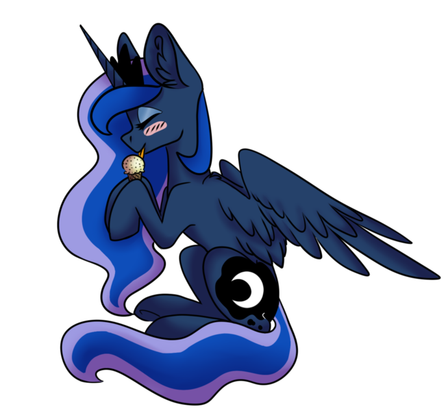 Size: 1024x939 | Tagged: safe, artist:princegalaxies, derpibooru import, princess luna, blushing, ear fluff, eyes closed, ice cream, licking, simple background, sitting, solo, spread wings, tongue out, transparent background