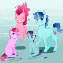 Size: 1024x1024 | Tagged: safe, artist:chiweee, derpibooru import, party favor, pinkie pie, oc, oc:chocolate confetti, oc:pop rocks, earth pony, pegasus, pony, unicorn, bouncing, cute, family, family photo, female, implied farting, male, next generation, offspring, parent:party favor, parent:pinkie pie, parents:partypie, partypie, pompadour, shipping, smiling, straight