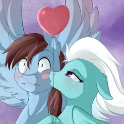 Size: 1000x1000 | Tagged: safe, artist:chiweee, derpibooru import, fleetfoot, oc, oc:calm wind, pegasus, pony, balloon, blushing, canon x oc, cute, female, fleetwind, heart balloon, kissing, male, mare, o.o, shipping, stallion, straight, wingboner