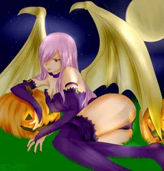 Size: 1024x1069 | Tagged: dead source, suggestive, artist:rubyblossomva, derpibooru import, fluttershy, bat pony, human, succubus, anime, choker, clothes, female, fingerless elbow gloves, flutterbat, full moon, gloves, hair over one eye, humanized, jack-o-lantern, leotard, looking at you, lying down, moon, nail polish, night, nightmare night, side, socks, solo, solo female, strapless, sultry pose, thigh highs, thong leotard, winged humanization