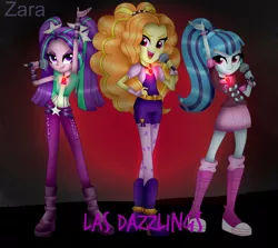 Size: 1024x912 | Tagged: safe, artist:zaralaurapro, derpibooru import, adagio dazzle, aria blaze, sonata dusk, equestria girls, rainbow rocks, amulet, clothes, fingerless gloves, gloves, group, microphone, necklace, open mouth, show accurate, signature, singing, spanish, speedpaint, spikes, the dazzlings, trio, under our spell, wristband