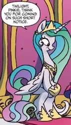 Size: 173x302 | Tagged: safe, artist:jay fosgitt, derpibooru import, idw, princess celestia, alicorn, pony, spoiler:comic, spoiler:comicff22, hoof shoes, incorrect leg anatomy, sitlestia, sitting, smiling, solo, spread wings, throne