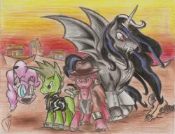 Size: 900x687 | Tagged: safe, artist:smoking-mist, derpibooru import, oc, oc:cherry pie, oc:god, oc:pink-e, unofficial characters only, alicorn, bat pony, pony, fallout equestria, fallout equestria: new pegas, alicorn oc, skull