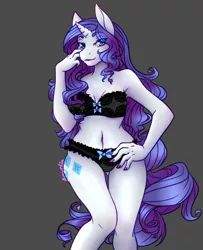 Size: 1040x1280 | Tagged: suggestive, artist:casara, deleted from derpibooru, derpibooru import, rarity, anthro, unicorn, armpits, belly button, black underwear, bra, breasts, clothes, female, frilly underwear, hand on hip, lingerie, looking at you, nail polish, panties, ribbon, solo, solo female, underwear