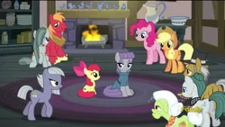 Size: 1334x750 | Tagged: safe, derpibooru import, screencap, apple bloom, applejack, big macintosh, cloudy quartz, granny smith, igneous rock pie, limestone pie, marble pie, maud pie, pinkie pie, earth pony, pony, hearthbreakers, eye contact, fireplace, male, pie family, pie family home, pie sisters, quartzrock, rock doll, siblings, sisters, stallion