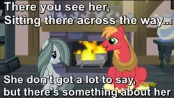 Size: 800x450 | Tagged: safe, derpibooru import, edit, edited screencap, screencap, big macintosh, marble pie, earth pony, pony, hearthbreakers, discovery family logo, disney, female, fireplace, image macro, male, marblemac, mare, meme, pie family home, shipping, song reference, stallion, straight, the little mermaid