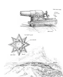 Size: 1164x1430 | Tagged: artist:baron engel, cannon, derpibooru import, detailed, fortress, monochrome, oc, pencil drawing, safe, soldier, traditional art, unofficial characters only