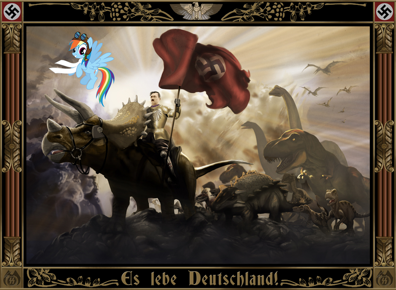 Size: 7500x5500 | Tagged: absurd resolution, adolf hitler, ankylosaurus, armor, aviator hat, blackletter, clothes, derpibooru import, dilophosaurus, dino d-day, dinosaur, flag, frame, hat, nazi, pteranodon, rainbow dash, safe, sauropod, scarf, swastika, traditional art, triceratops, tyrannosaurus rex, velociraptor, wat