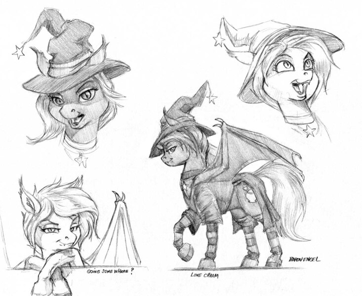 Size: 1100x900 | Tagged: safe, artist:baron engel, derpibooru import, oc, oc:love charm, unofficial characters only, bat pony, pony, bat pony oc, commission, hat, monochrome, patreon, pencil drawing, traditional art, unshorn fetlocks, witch hat