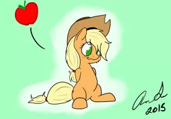 Size: 1000x697 | Tagged: apple, applejack, artist:jinyaranda, blushing, cowboy hat, cute, daaaaaaaaaaaw, derpibooru import, freckles, hat, hnnng, jackabetes, safe, signature, sitting, solo, stetson