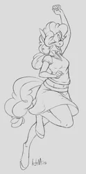 Size: 777x1565 | Tagged: anthro, artist:hobbsmeerkat, belly button, clothes, derpibooru import, eyes closed, grayscale, midriff, monochrome, pinkie pie, safe, shirt, skirt, solo, unguligrade anthro