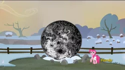 Size: 1280x720 | Tagged: semi-grimdark, derpibooru import, edit, edited screencap, screencap, pinkie pie, earth pony, pony, hearthbreakers, discovery family logo, female, fence, hellstar remina, holder's boulder, holder's new boulder meme, mare, raised hoof, saddle bag, snow, solo, tree, winter