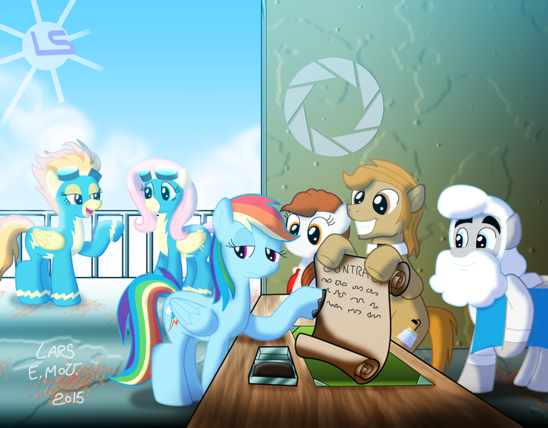 Size: 4141x3238 | Tagged: absurd resolution, artist:lars99, caroline, cave johnson, contract, derpibooru import, dr. light, fluttershy, goggles, looking back, megaman, open mouth, ponified, portal 2, portal (valve), rainbow dash, raised hoof, replaced, sad, safe, signature, spitfire, table, talking, this will end in tears, wonderbolts uniform, wondershy