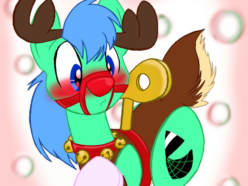 Size: 1280x960 | Tagged: antlers, artist:naivintage, blushing, bridle, clothes, collar, cosplay, costume, deer, derpibooru import, harness, jingle bells, oc, oc:spearmint, red nose, reindeer, rudolph the red nosed reindeer, safe, socks, solo, unofficial characters only, wind up key