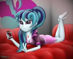 Size: 6213x5026 | Tagged: suggestive, artist:kiowa213, derpibooru import, sonata dusk, equestria girls, absurd resolution, barefoot, breasts, cleavage, clothes, cute, earbuds, feet, female, listening, music, necklace, peace sign, pendant, phone, ponytail, signature, smartphone, smiling, solo, solo female, sonatabetes, when she smiles