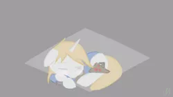 Size: 1280x720 | Tagged: safe, artist:grim ponka, derpibooru import, oc, oc:littlepip, unofficial characters only, pony, unicorn, fallout equestria, blushing, cutie mark, eyes closed, female, mare, one eye closed, pipboy, simple background, sleeping, sleeping beauty, solo