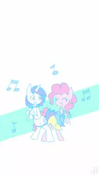 Size: 720x1280 | Tagged: safe, artist:grim ponka, derpibooru import, pinkie pie, vinyl scratch, pony, bipedal, butt bump, butt to butt, butt touch, colored, dancing, duo, fun, music notes, phone wallpaper, simple background, smiling, standing