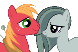 Size: 450x300 | Tagged: safe, artist:tiredbrony, derpibooru import, big macintosh, marble pie, earth pony, pony, hearthbreakers, animated, blushing, boop, cute, eye contact, eyes closed, female, keyframes only, looking away, macabetes, male, marblebetes, marblemac, mare, noseboop, nuzzling, shipping, shy, simple background, smiling, stallion, straight, transparent background