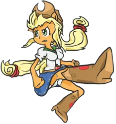 Size: 730x778 | Tagged: safe, artist:reyjjj, derpibooru import, applejack, equestria girls, boyshorts, clothes, eared humanization, humanized, kicking, panties, ponied up, skirt, tailed humanization, underwear, upskirt, white underwear